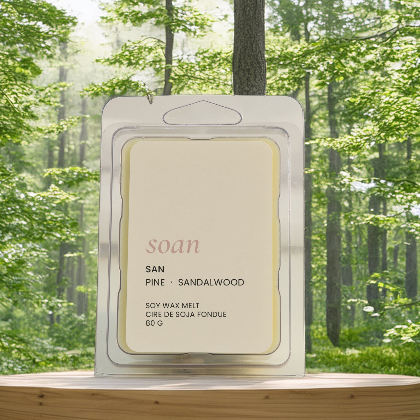 Product packaging labeled 'soan' in a forest setting