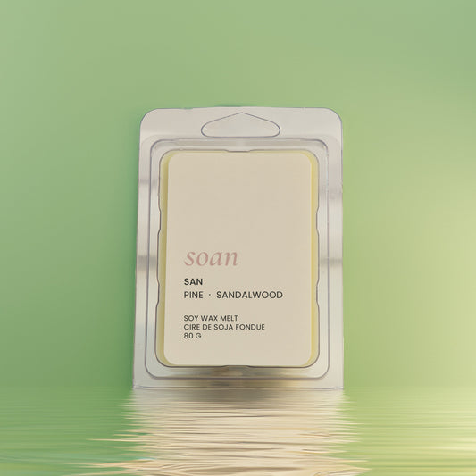 Wax melt package labeled 'soan' on a green background