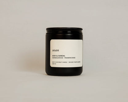 Black matte jar soy coconut candle Ash and sandal scent with warm sandalwood and soft frankincense fragrance, wooden wick candle by Soan