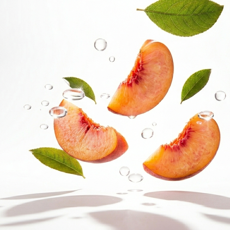 Sliced peaches with leaves on a white background
