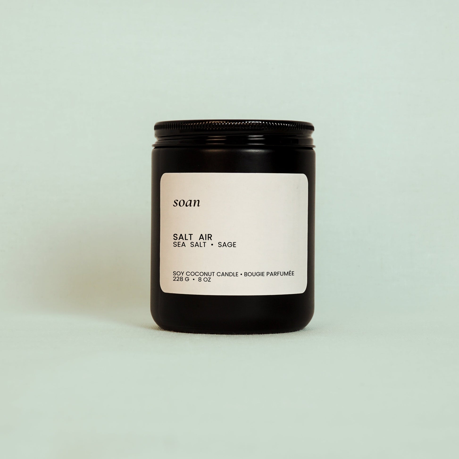 hand poured soy candle with scent of sea salt and sage