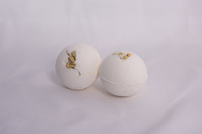 Jasmine Bubble Bath Bomb with smooth finish, hand-pressed and infused with creamy jasmine fragrance for a relaxing soak
