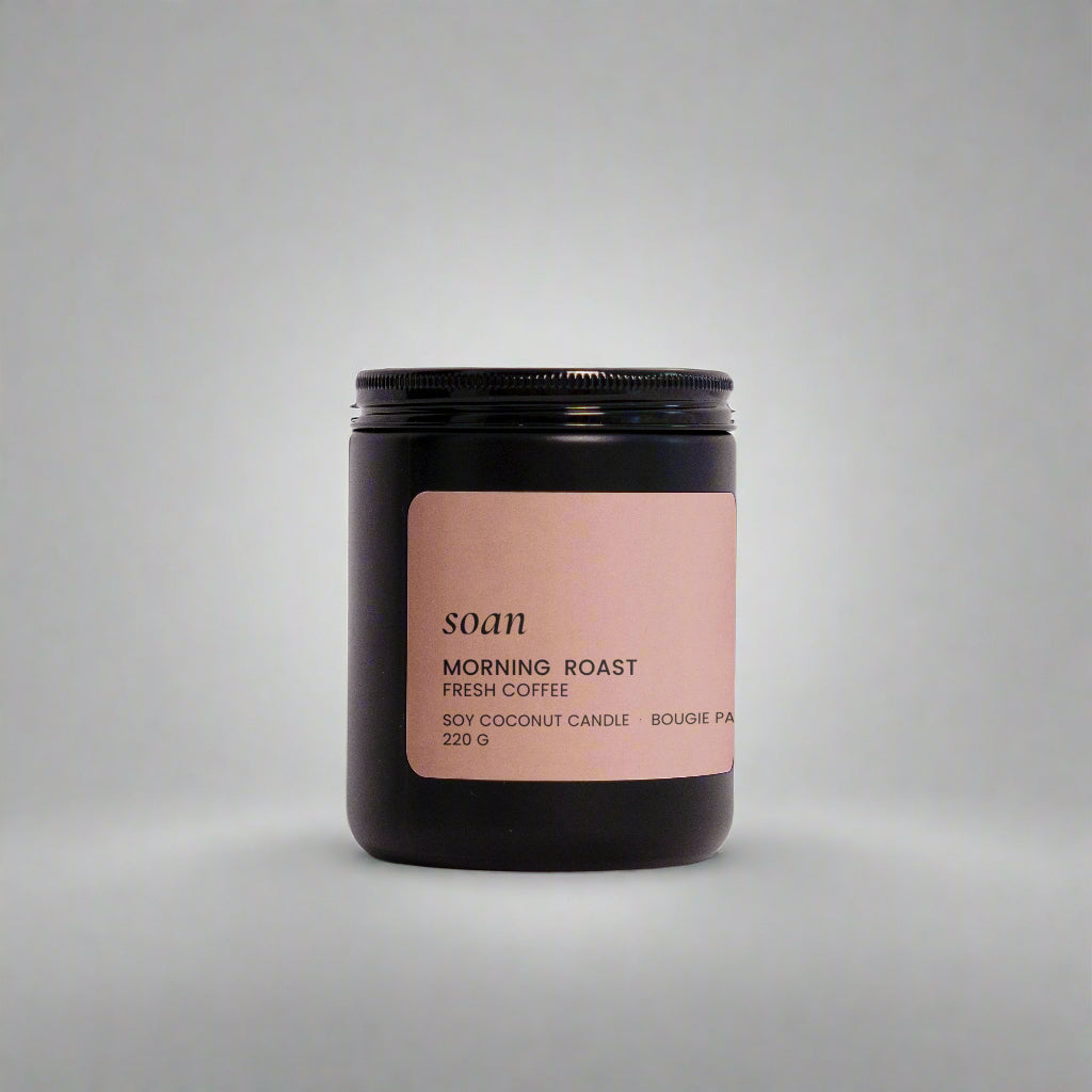Morning Roast soy candle in matte glass jar, hand-poured with soy-coconut wax and rich coffee-inspired scent