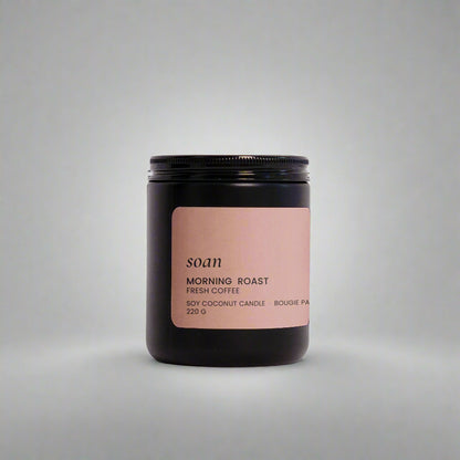 Morning Roast soy candle in matte glass jar, hand-poured with soy-coconut wax and rich coffee-inspired scent