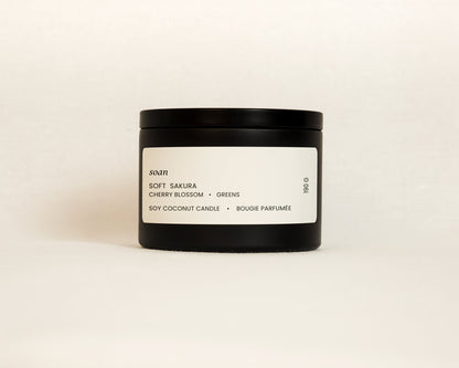 Soft Sakura cherry blossom soy coconut candle in black tin with cotton wick and floral cherry blossoms scent spring fragrance by Soan